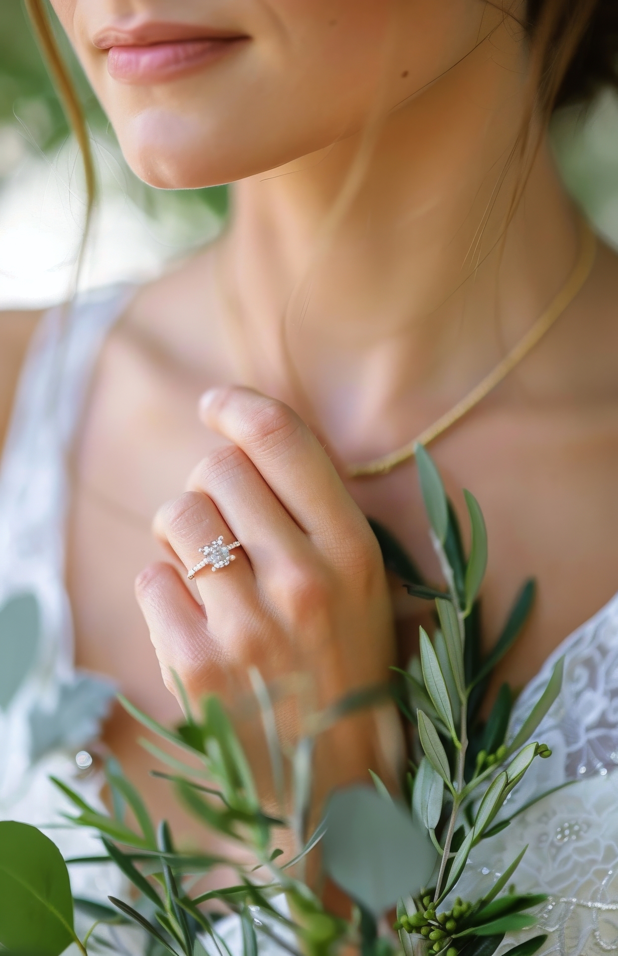 A woman wearing a white dress holds a ring on her finger.